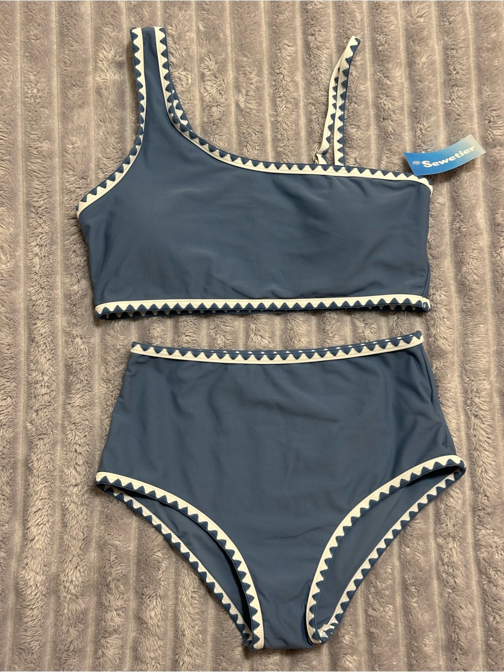 Girls' Navy High-Waist Bikini with Cream Trim
